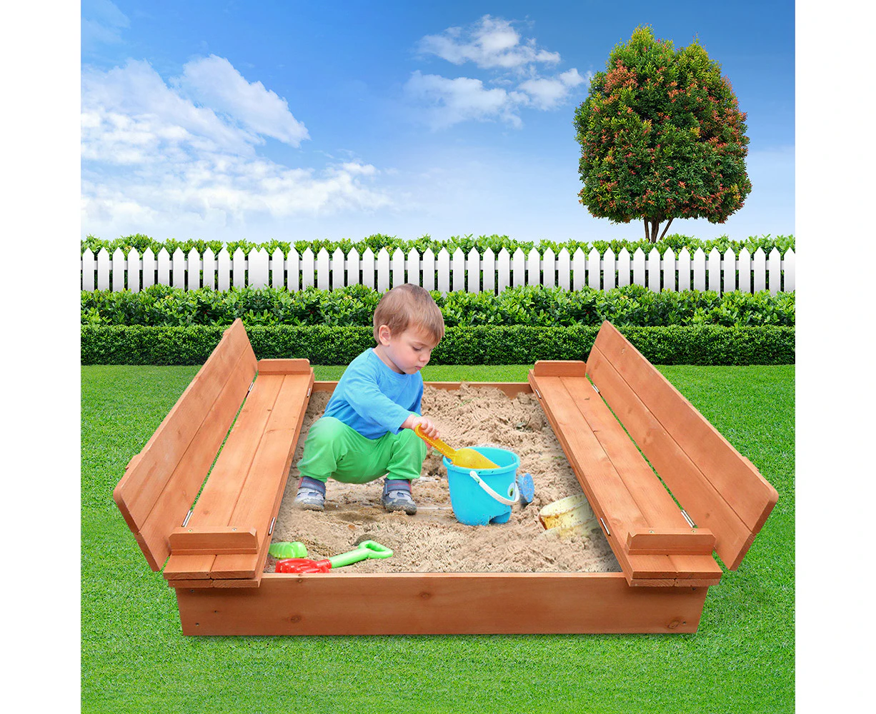 Keezi Kids Sandpit Wooden Sandbox Sand Pit Foldable Seat Outdoor Beach Toys 90cm