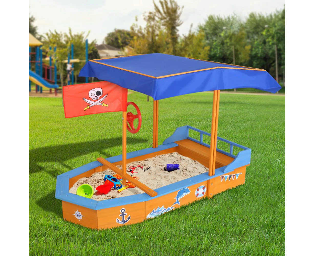 Keezi Kids Sandpit Wooden Boat Sand Pit with Canopy Bench Seat Beach Toys 150cm