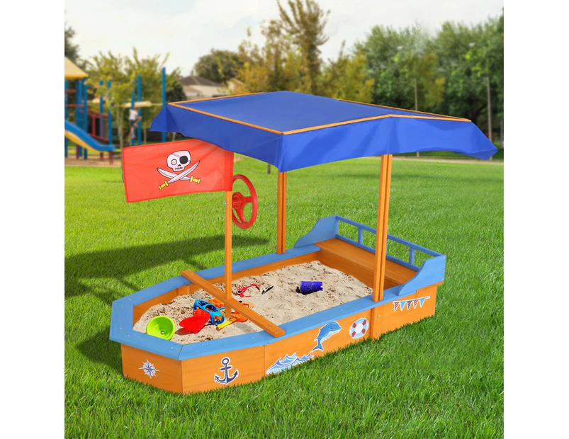 Keezi Kids Sandpit Wooden Boat Sand Pit with Canopy Bench Seat Beach Toys 150cm