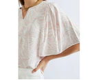 KATIES - Womens Tops -  Flutter Sleeve Top - Blush Pink Leaf Prin