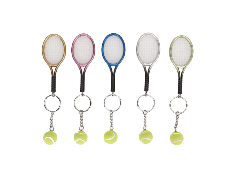 5 Pcs Mini Tennis Racket Ball Keychain Pendant Key Ring Gold  Silver Rose  Blue Bronze For Gifts Sport Lovers
