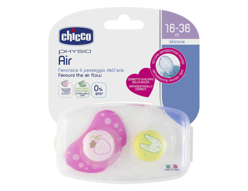 2pc Chicco Nursing Strawberry/Bunny PhysioAir Latex Soother Pacifier 16-36m Girl