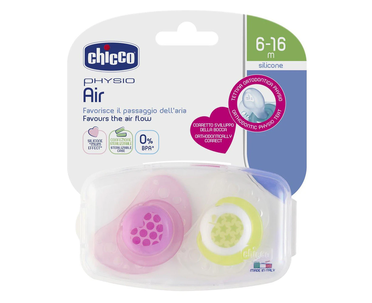 2pc Chicco Nursing Baby Physio Air Silicone Soother Dummy Pacifier 6-16m Girl