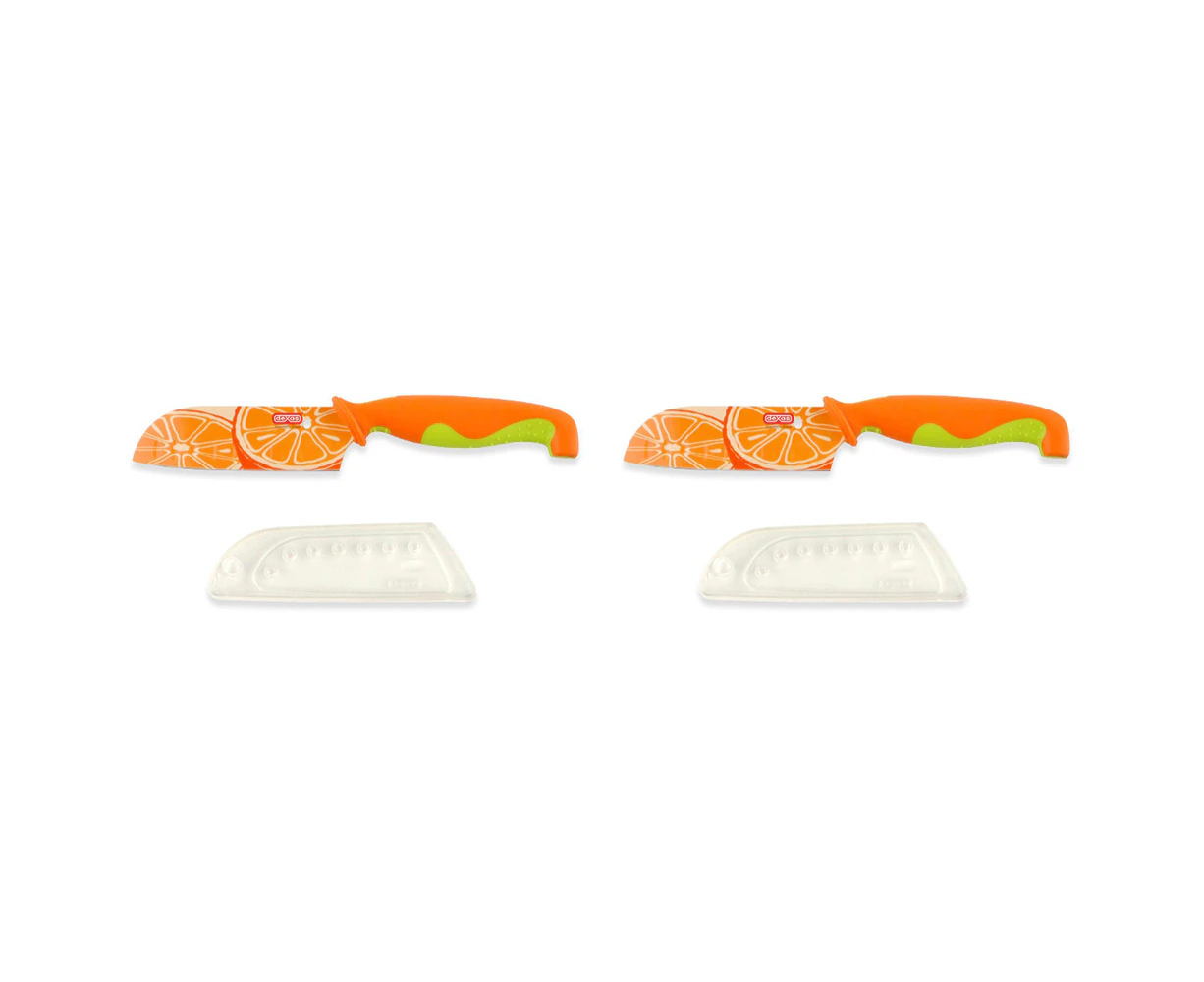 2x Dexas 10cm Santoku Cutting Knife w/ Sheath Slicing/Peeling Cutlery Orange