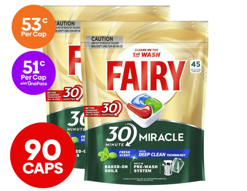 2 x 45pk Fairy 30 Minute Miracle Dishwasher Caps