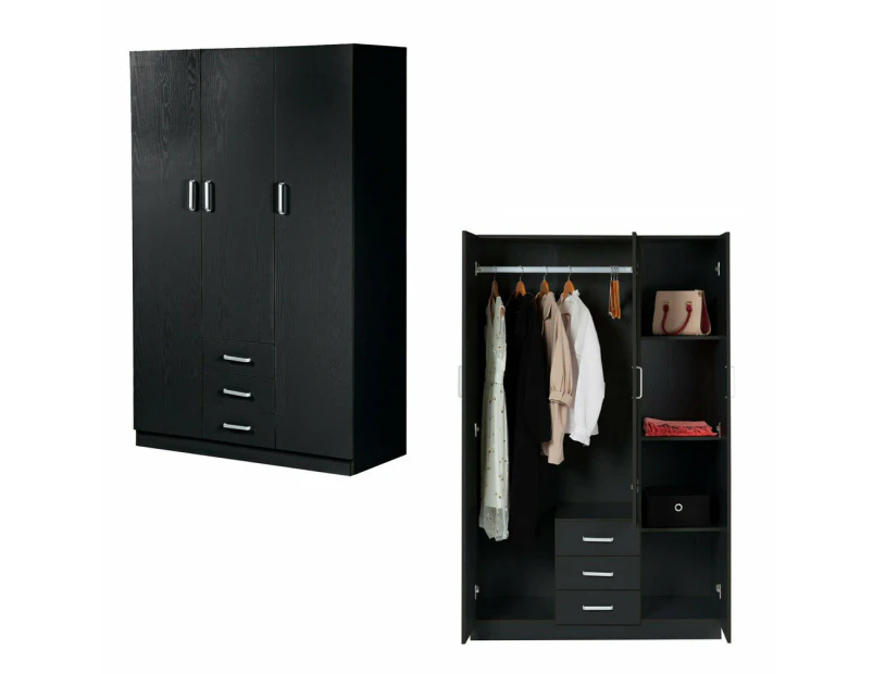 Foret Cabinet Wardrobe Clothes Rack Bedroom Storage Organiser 3 Doors 3 Drawers 4 Shelf 2 Colours - Black