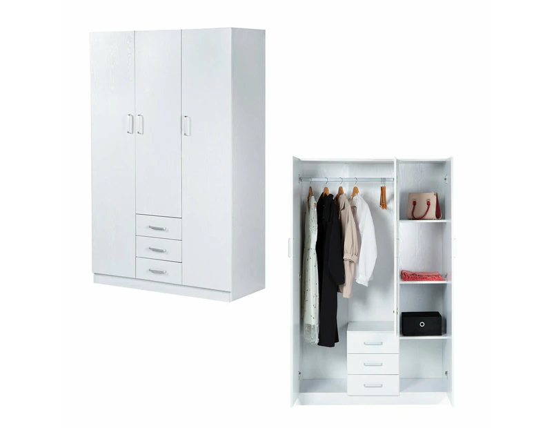 Foret Cabinet Wardrobe Clothes Rack Bedroom Storage Organiser 3 Doors 3 Drawers 4 Shelf 2 Colours - White