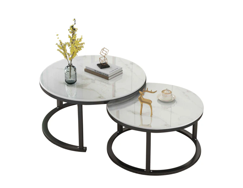 Foret Coffee Table, Side Tables 2pc Set Tea Marble Look Glass finish