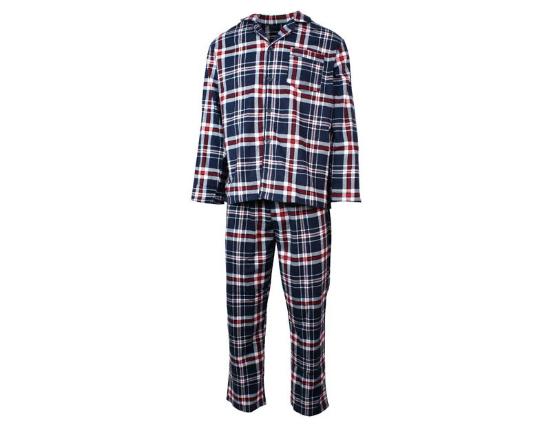 Mens Flannelette Pyjama Set Sleepwear Soft 100% Cotton PJs Two Piece - Navy/Red Check