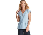 ROCKMANS - Womens Summer Tops - Blue Blouse / Shirt - Cotton - Smart Casual - Forget Me Not - Relaxed Fit - Short Sleeve - V Neck - Regular Work Wear - Blue