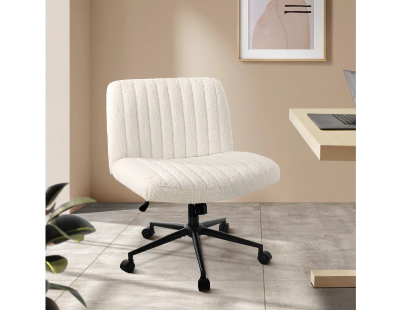 Oikiture Mid Back Armless Office Desk Chair Wide Seat with Wheels Sherpa White