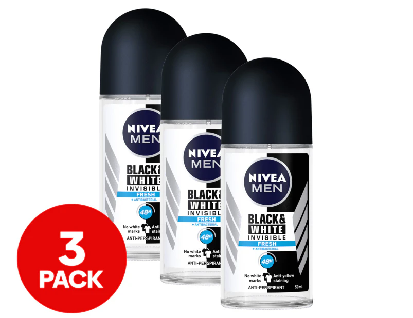 3 x Nivea Men Black & White Invisible Roll-On Deodorant Fresh 50mL