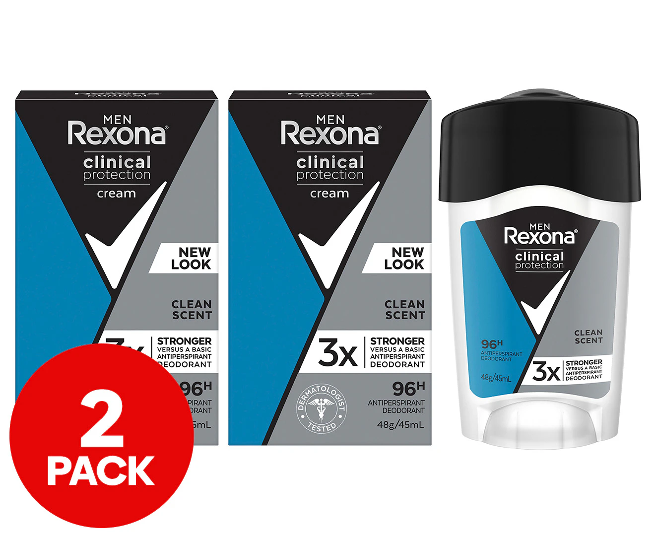 2 x Rexona Men Clinical Protection Antiperspirant Deodorant Clean Scent 48g/45mL