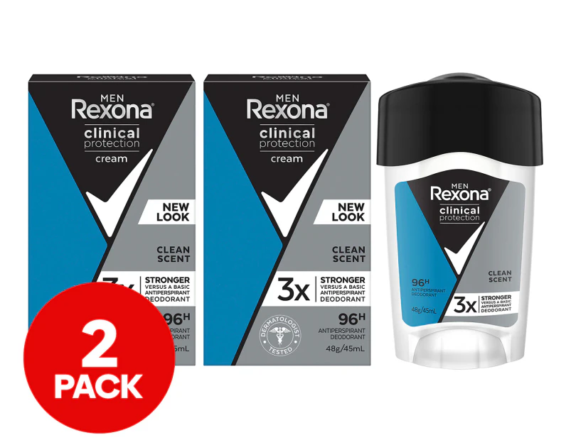 2 x Rexona Men Clinical Protection Antiperspirant Deodorant Clean Scent 48g/45mL