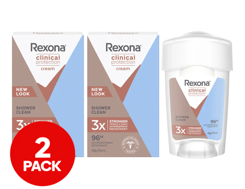 2 x Rexona Women's Clinical Protection Antiperspirant Deodorant Cream Shower Clean 45mL