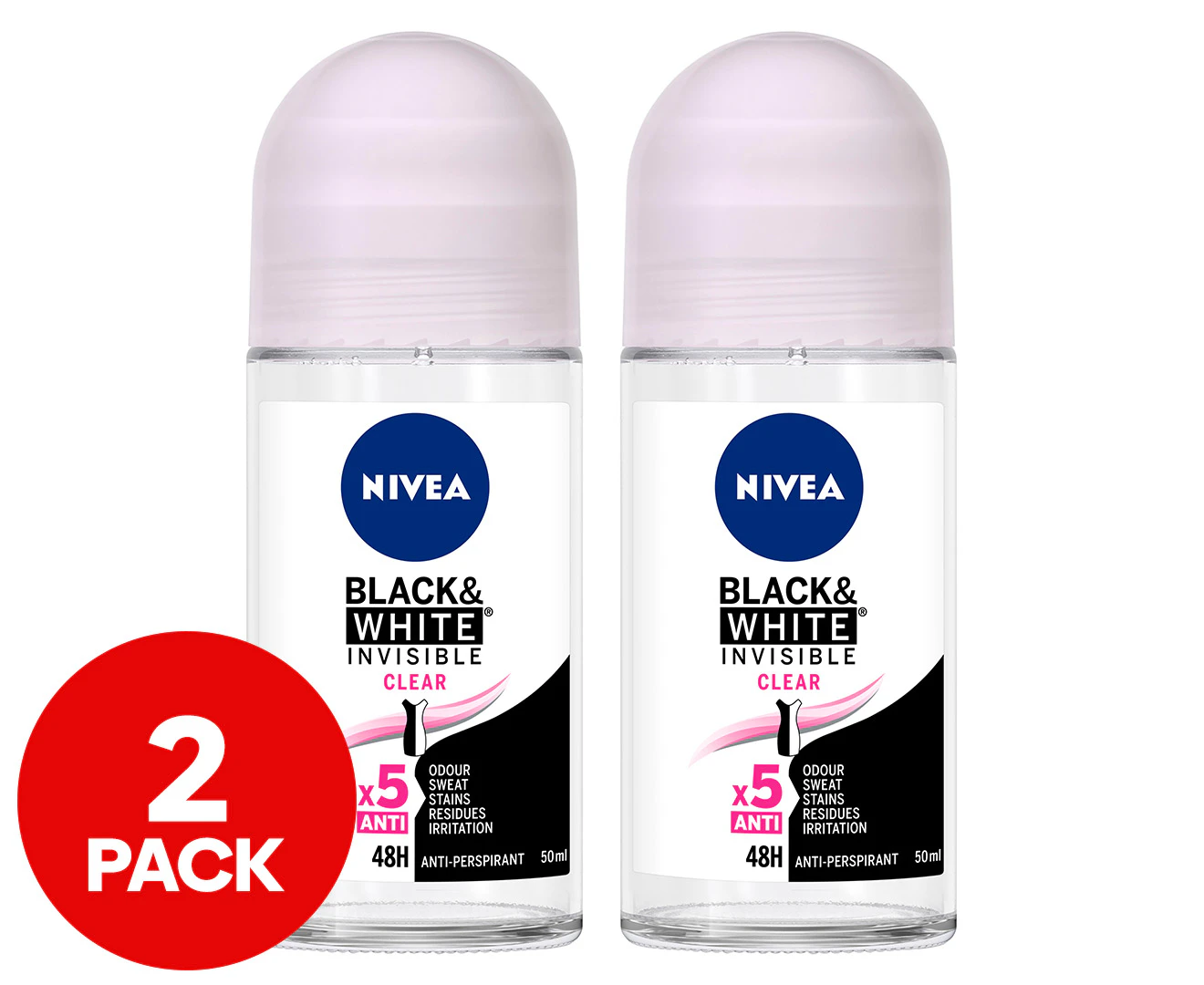 2 x Nivea Black & White Invisible Clear Anti-Perspirant Roll On Deodorant 50mL