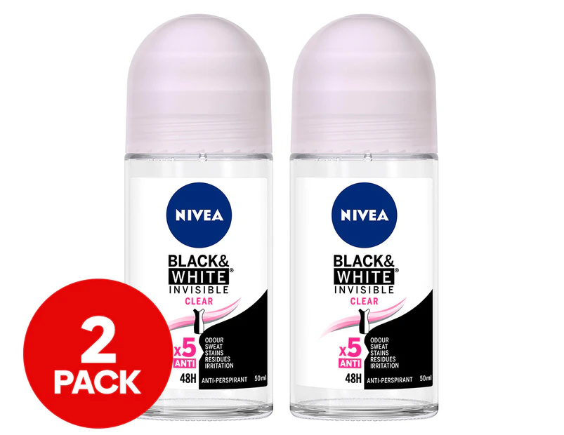 2 x Nivea Black & White Invisible Clear Anti-Perspirant Roll On Deodorant 50mL