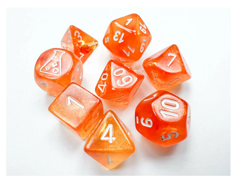 Chessex D7 Die Set Borealis Polyhedral Blood Orange/white Luminary 7 Die Set (with Bonus Die)