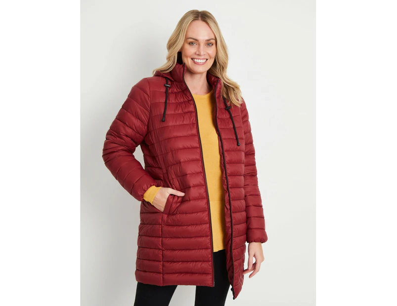 RIVERS - Womens Jacket -  Longline Puffer Jacket - Dark Red