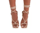Stiletto High Heels for Women, Lace Up Square Open Toe Shoes Heels-Beige