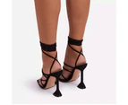 Stiletto High Heels for Women, Lace Up Square Open Toe Shoes Heels-black