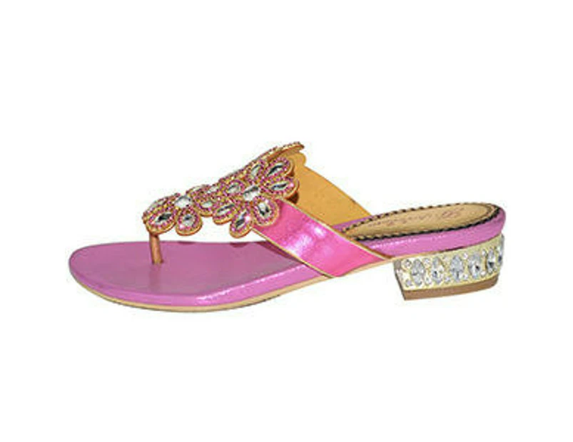 Women's Rhinestone Flat Sandals T-Strap Thong Sandals Summer Flat Sandals-Pink