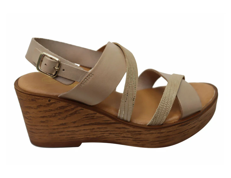 Lola Canales Brooke Womens Spanish Leather Wedge Sandals - Nude