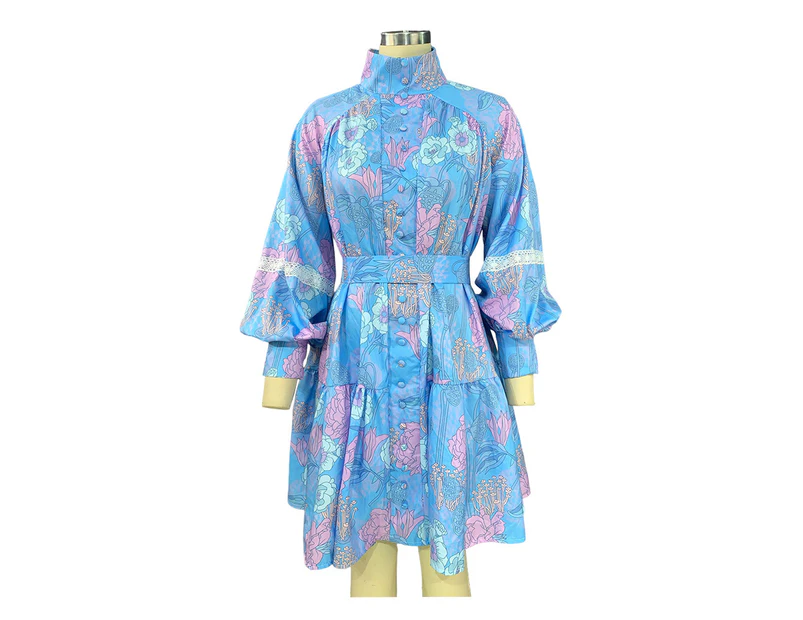 Women's Casual High Neck Long Sleeve Ruffle Hem Mini Dress-blue