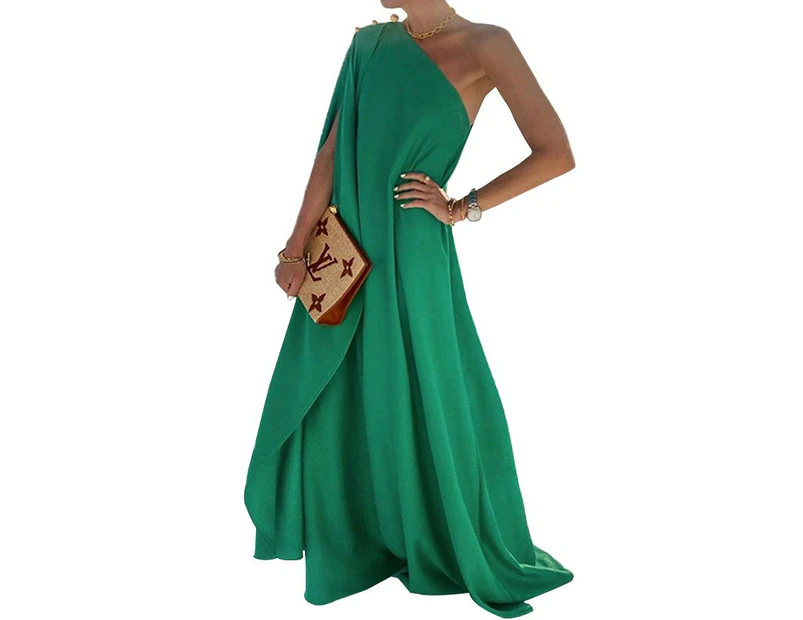 Women's Summer One Shoulder Sleeveless Beach Maxi Dress-green