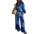 Women 2 Piece Pleated Outfits Casual Long Sleeve Button Down Shirt Pants Two Piece Set-blue