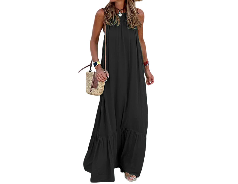 Women's Summer Long Dress Halter Neck Sleeveless Ruffle Maxi Dress-black
