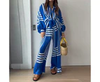 Women 2 Piece Pleated Outfits Casual Long Sleeve Button Down Shirt Pants Two Piece Set-blue