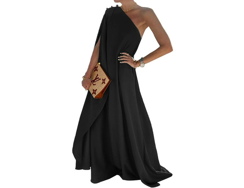Women's Summer One Shoulder Sleeveless Beach Maxi Dress-black