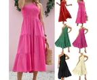 Women's Summer Boho One Shoulder Sleeveless Solid Color Ruffle Tiered Midi Dress-Forest Green