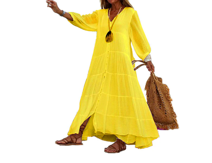 Women's V Neck Solid Color Long Sleeve Cotton Linen Maxi Dress -yellow