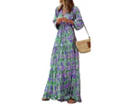 Women Long Sleeve Maxi Dress V-Neck Ruffle Flowy Beach Long Dress-green