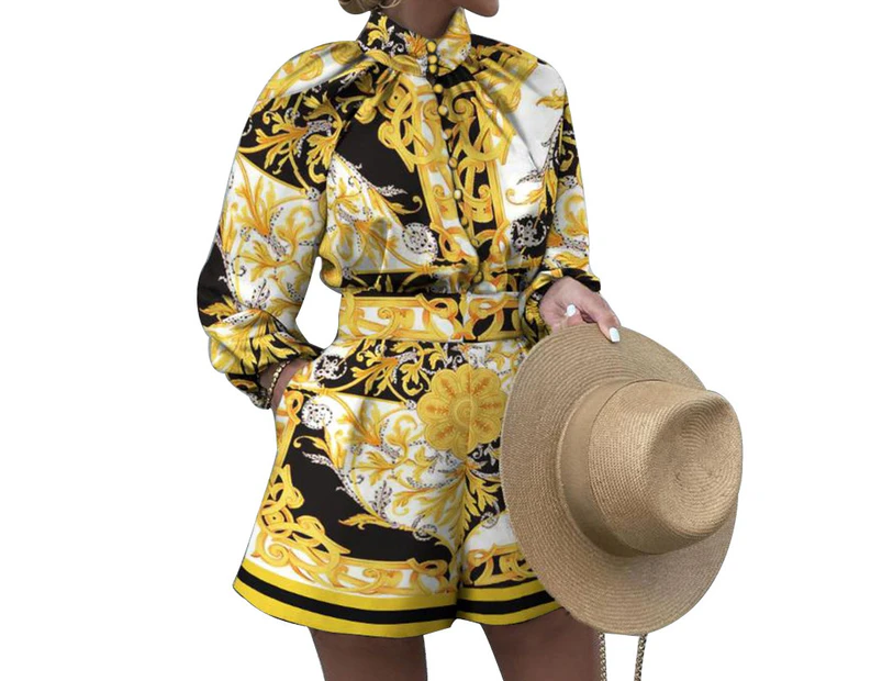 Women's Boho Print Long Sleeve Top High Waist Shorts Sets 2 Piece Outfits Set-yellow