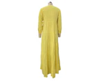 Women's V Neck Solid Color Long Sleeve Cotton Linen Maxi Dress -yellow