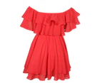Women's Off The Shoulder Dress Short Casual A Line Ruffle Summer Dresses-Rose red