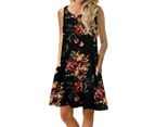 Women's Summer Sleeveless Casual Floral Print Midi Dress with Pocket-black