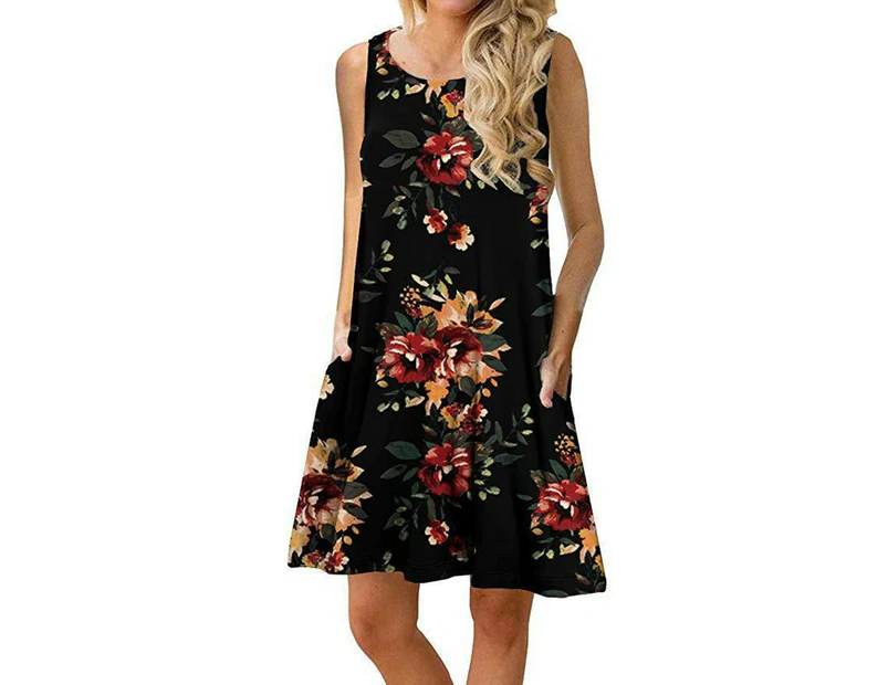 Women's Summer Sleeveless Casual Floral Print Midi Dress with Pocket-black
