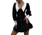 Women's Wrap V Neck Long Sleeve Bodycon Ruffle Hem Swing Mini Short Dress-black