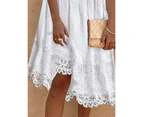 Women Lace V Neck Short Sleeve Flowy A Line Knee Length Dresses-white