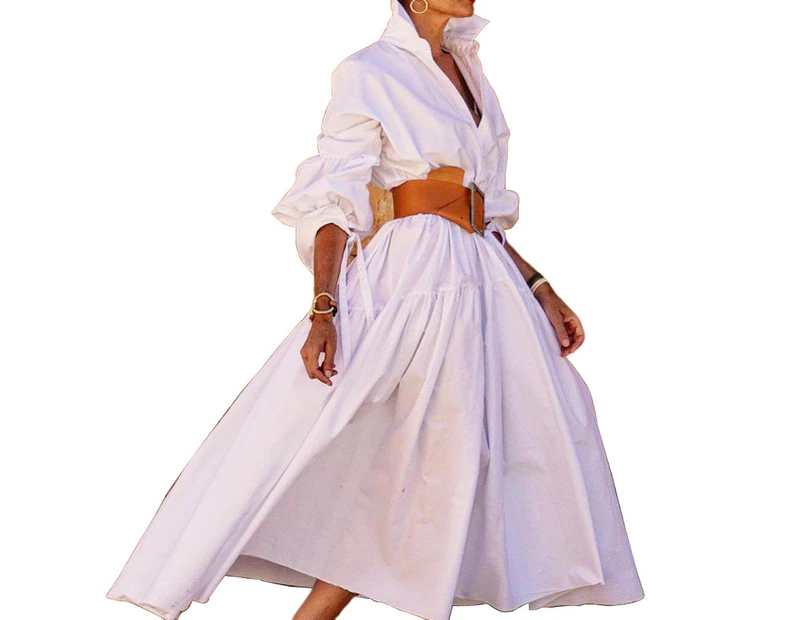 Women's Long Sleeve Midi Shirt Dress Elegant Button Down Loose Swing Party Dress-white