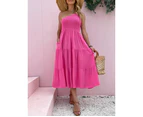 Women's Summer Boho One Shoulder Sleeveless Solid Color Ruffle Tiered Midi Dress-Pink