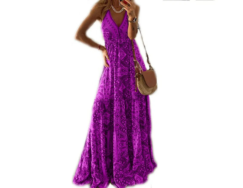 Women's Spaghetti Strap V Neck Floral Boho Beach Maxi Dress-purple
