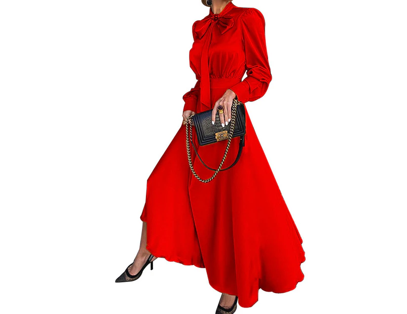 Women's Summer Boho Maxi Dress Long Sleeve Ruffle Flowy Long Dresses-red