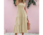 Women's Summer Boho One Shoulder Sleeveless Solid Color Ruffle Tiered Midi Dress-Pink