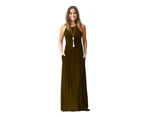 Women's Summer Sleeveless Maxi Dress Loose Plain Casual Long Dress with Pockets-Coffee color