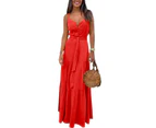 Women Sleeveless Maxi Dress Summer Spaghetti Ruffle Flowy Beach Long Dress-red